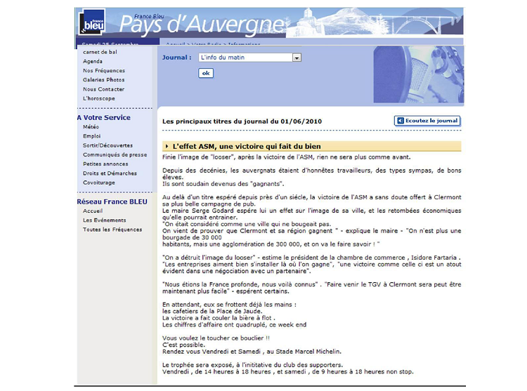 Annexe 7 Article L’effet ASM une victoire qui fait du bien  paru sur le site de France Bleu Pays d’Auvergne 
