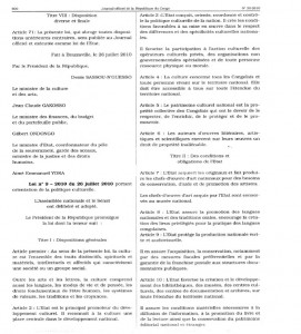 (1) Loi n° 9 – 2010 du 26 juillet 2010 portant orientation de la politique culturelle en République du Congo
