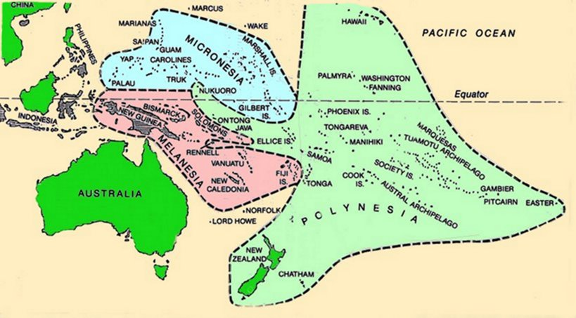 Carte 6- La répartition culturelle de l’Océanie et  poussée polynésienne vers l'Est