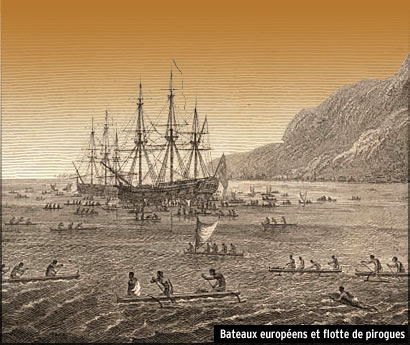 Attaque des indigènes de Samoa lors des premiers contacts avec les Blancs. Fig. 12- Attaque des indigènes de Samoa lors des premiers contacts avec les Blancs.