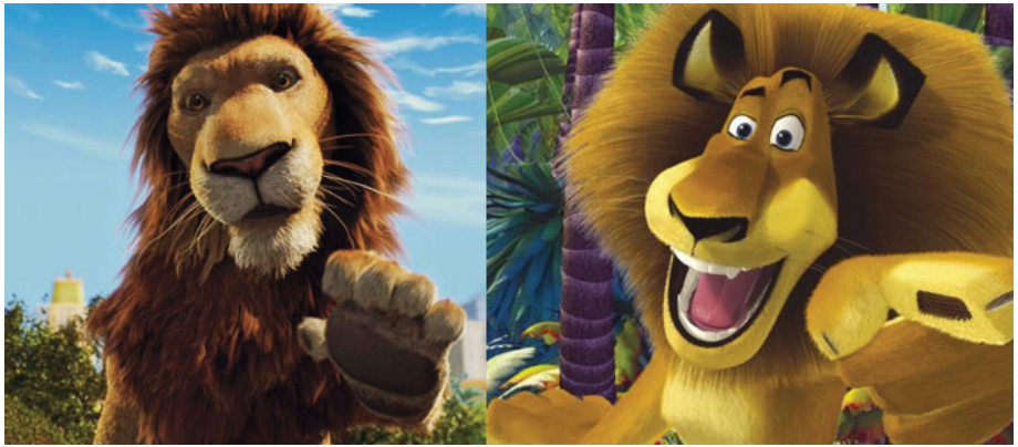 Illustration 16 Le lion réaliste vu par Disney (à gauche) et celui plus expressif proposé par DreamWorks (à droite)