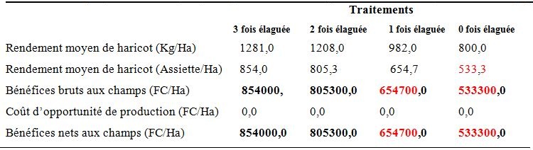 Table 7' Contrôle de l’Ombrage sur la productivité et la rentabilité de l’Agro système Haricot-Bananeraie basée sur le rendement du Haricot Volubile