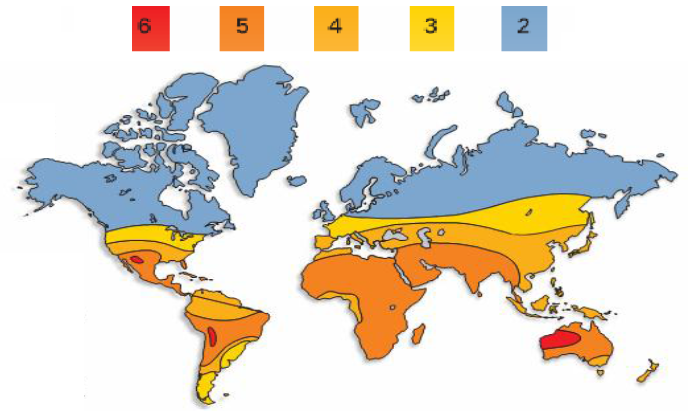 La carte représente la terre divisée en cinq catégories à différents facteurs régionaux d’ensoleillement