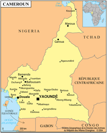 Carte du cameroun et sa position géographique dans le continent Africain sur la période allant de 2001 à 2004