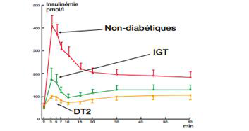 Phase précoce de l’insulinosécrétion après glucose intraveineux chez des non diabétiques, des intolérants au glucose et des diabétiques de type 2 [Guillausseau et al., 2008]