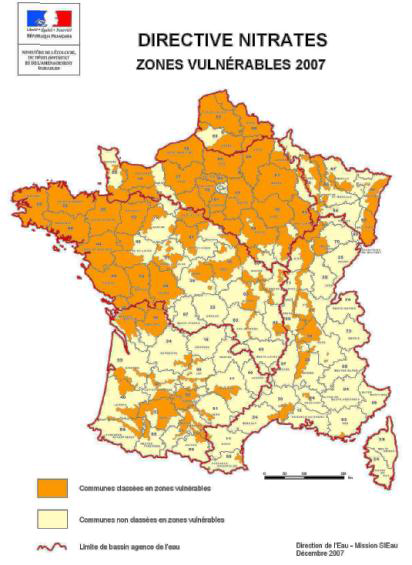 Carte 2007 des zones vulnérables « Directive Nitrates » (source MEEDDAT)