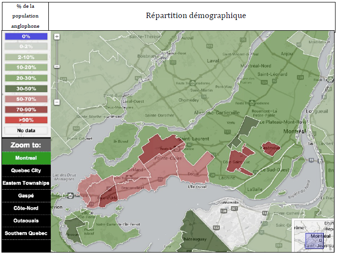 Carte de répartition de la population anglophone de Montréal