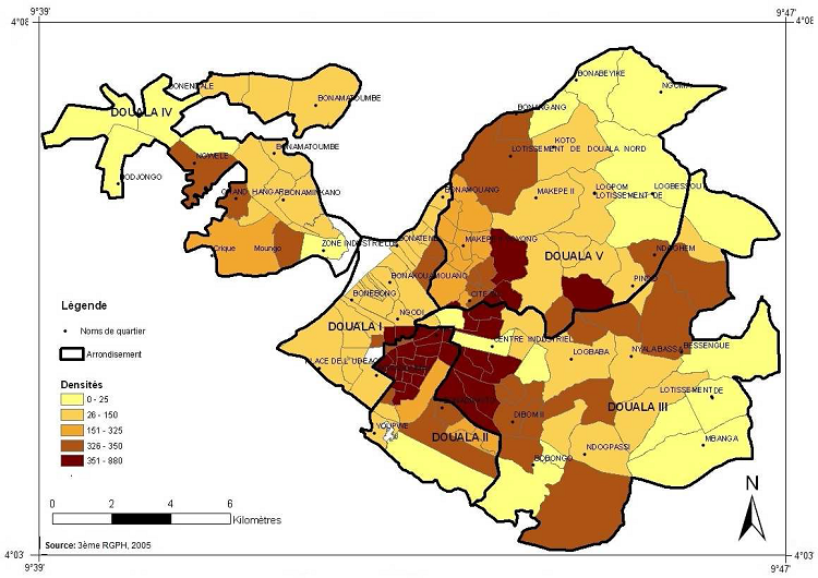 Densité de population dans la ville de Douala par quartier Densité de population dans la ville de Douala par quartier