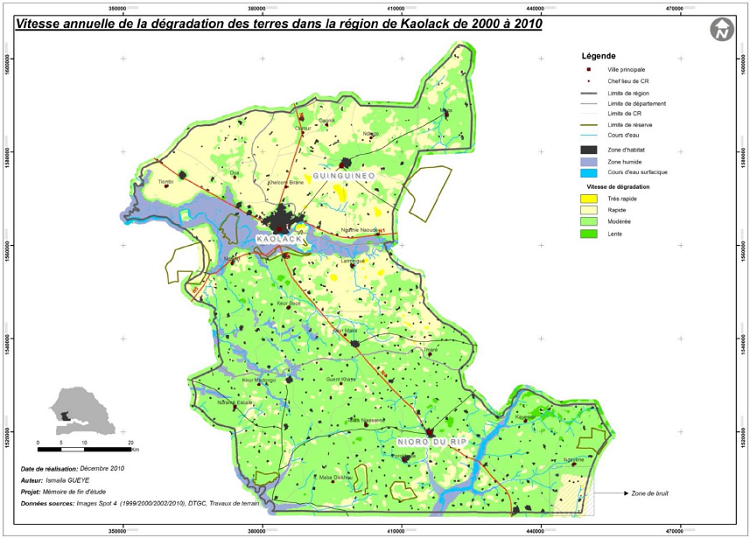 Vitesse annuelle de la dégradation des terres dans la région de Kaolack de 2000 à 2010